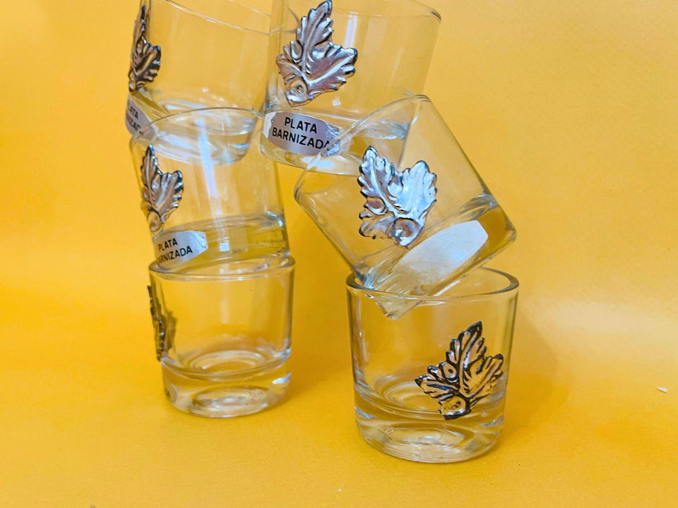 Vintage shot glass set of 6 silvered Spanish table display