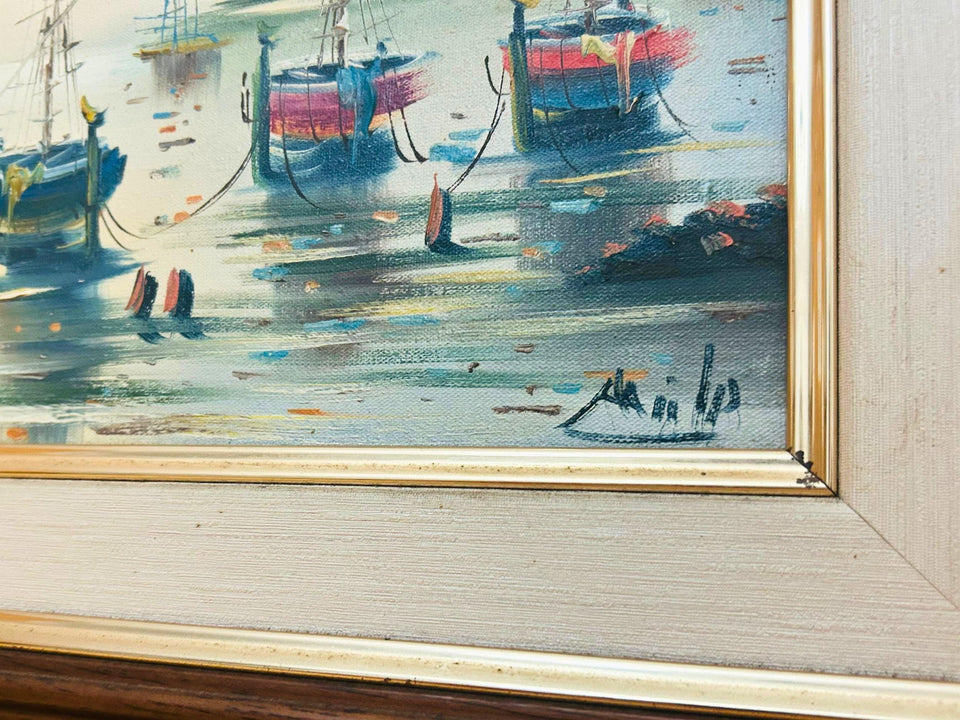Signed Watercolor Ship Painting – Coastal Harbour Scene, Nautical Wall Art in Wooden Frame