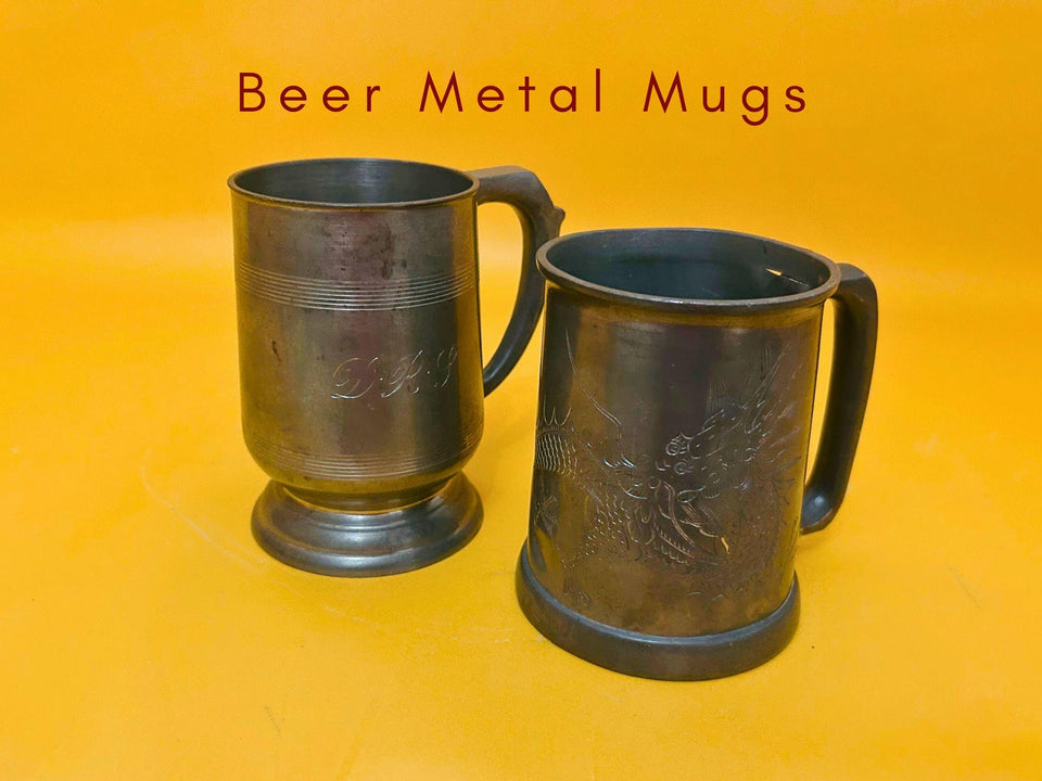 Vintage pewter beer mugs set of 2 engraved dragon tankards