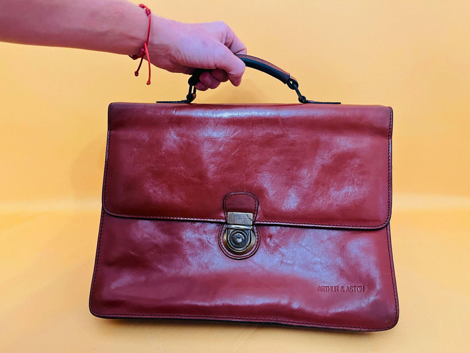 Arthur Aston Vintage Leather Briefcase – Brown Satchel Portfolio Messenger Bag