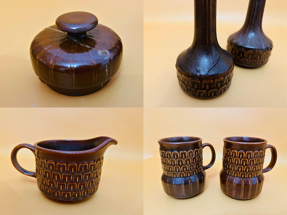 Wedgwood Pennine Brown Stoneware Dinner Set - 1960s Mid-Century Modern Oven-to-Tableware