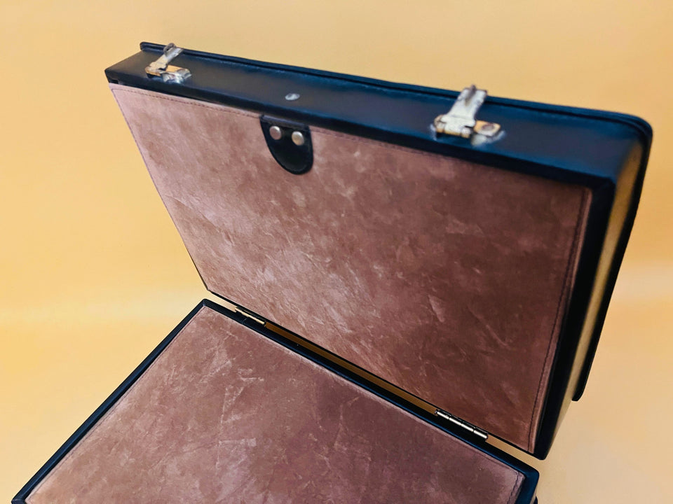 Vintage Black Leather Executive Briefcase – Attache Case with Key and Front Pocket