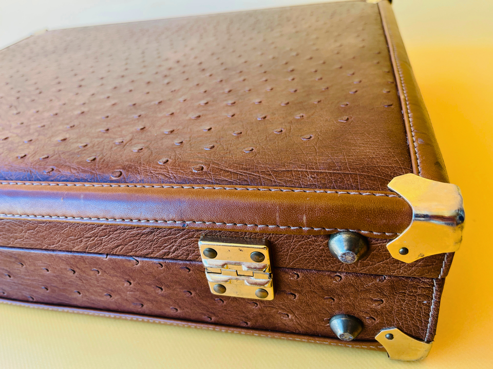1970s Ostrich Leather Suitcase | Full-Quill Exotic | Tobacco Brown