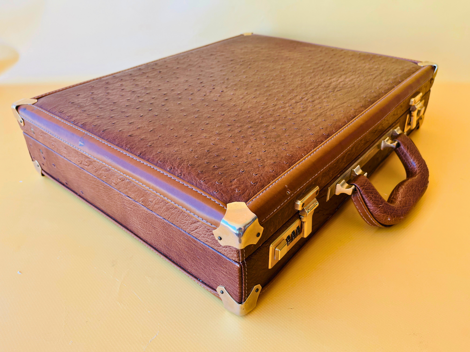 1970s Ostrich Leather Suitcase | Full-Quill Exotic | Tobacco Brown