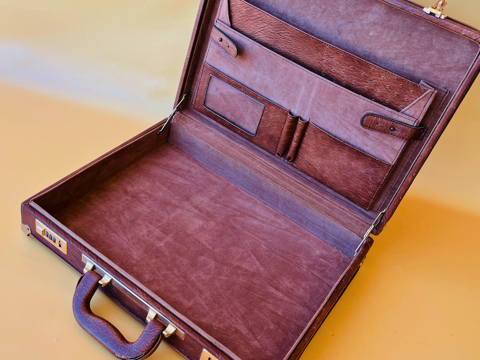 1970s Ostrich Leather Suitcase | Full-Quill Exotic | Tobacco Brown