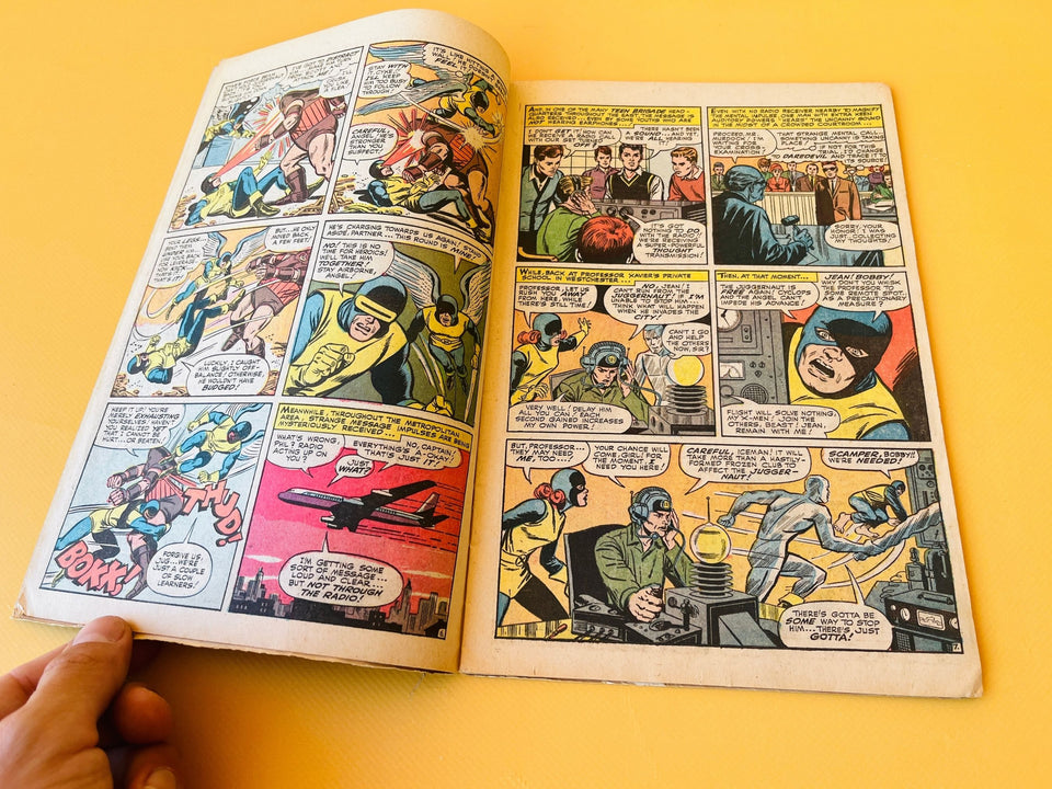 Angled view of X-Men 13 comic book from 1965 showing classic Juggernaut cover