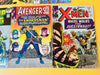 Seven vintage comic books displayed together, including Marvel and DC classics featuring Spider-Man, X-Men, Avengers, Swamp Thing, and war comics.