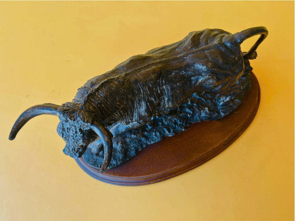 Vintage Resin Bull Sculpture | Wooden Base | Spanish Style Home Decor