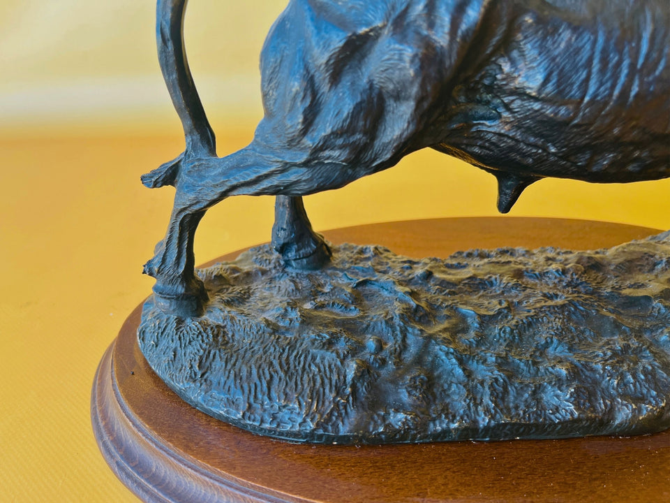 Vintage Resin Bull Sculpture | Wooden Base | Spanish Style Home Decor