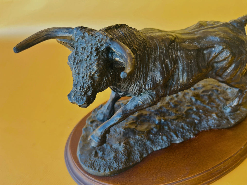 Vintage Resin Bull Sculpture | Wooden Base | Spanish Style Home Decor
