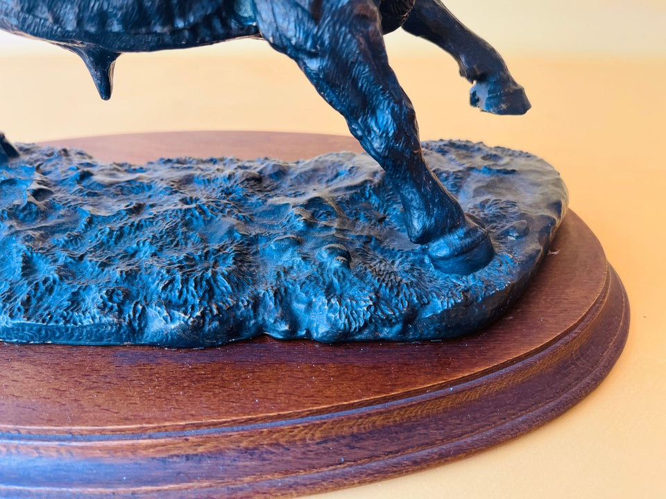 Vintage Resin Bull Sculpture | Wooden Base | Spanish Style Home Decor
