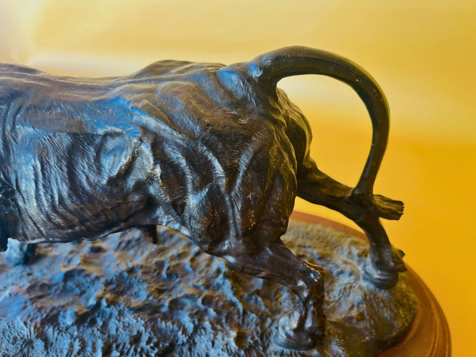 Vintage Resin Bull Sculpture | Wooden Base | Spanish Style Home Decor