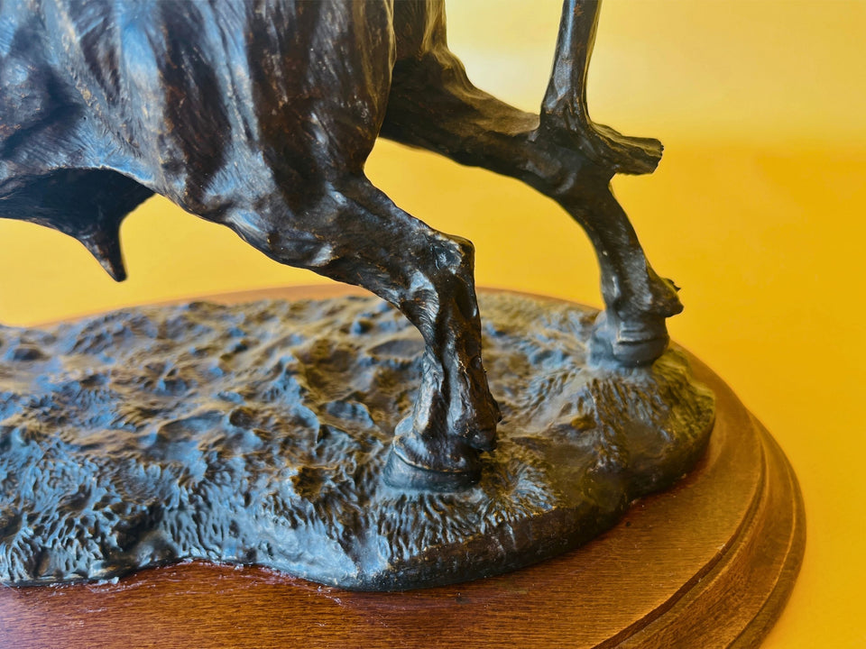 Vintage Resin Bull Sculpture | Wooden Base | Spanish Style Home Decor