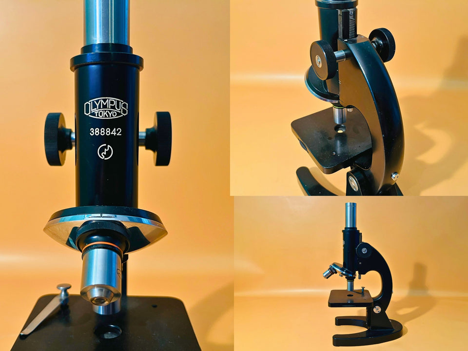 Olympus Tokyo microscope side view showing focus knobs and stage