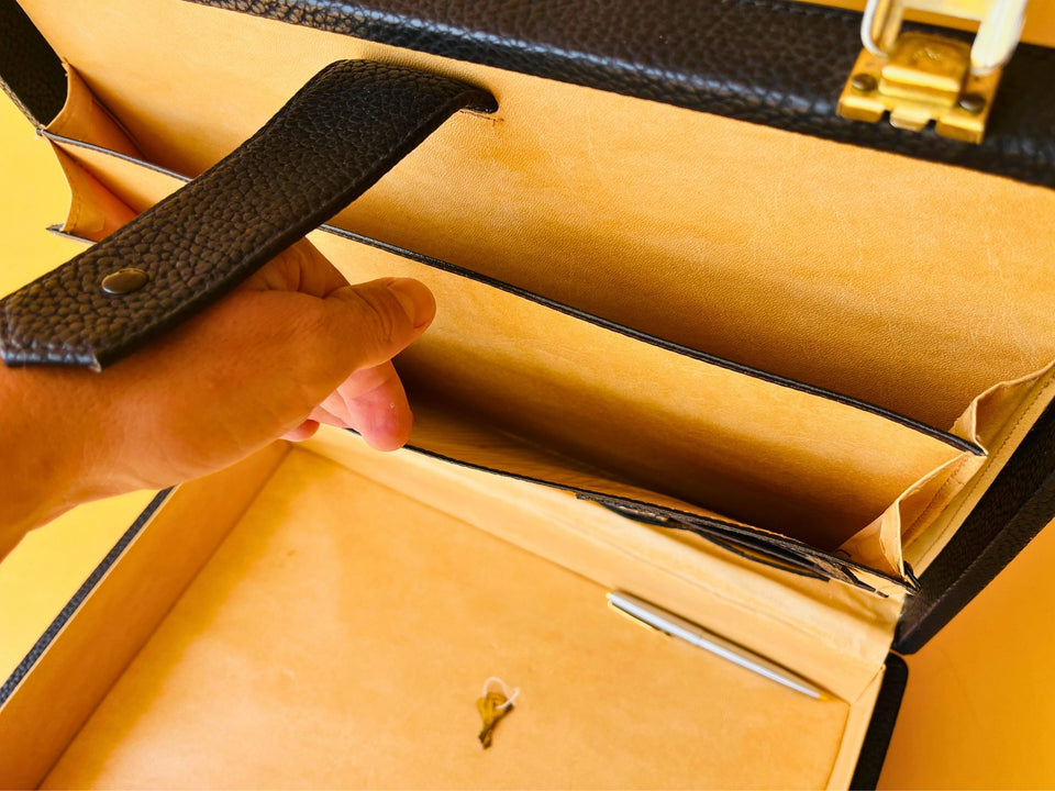 Vintage Black Leather Briefcase — Walden 200 With Keys & Pen
