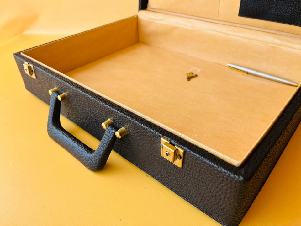 Vintage Black Leather Briefcase — Walden 200 With Keys & Pen