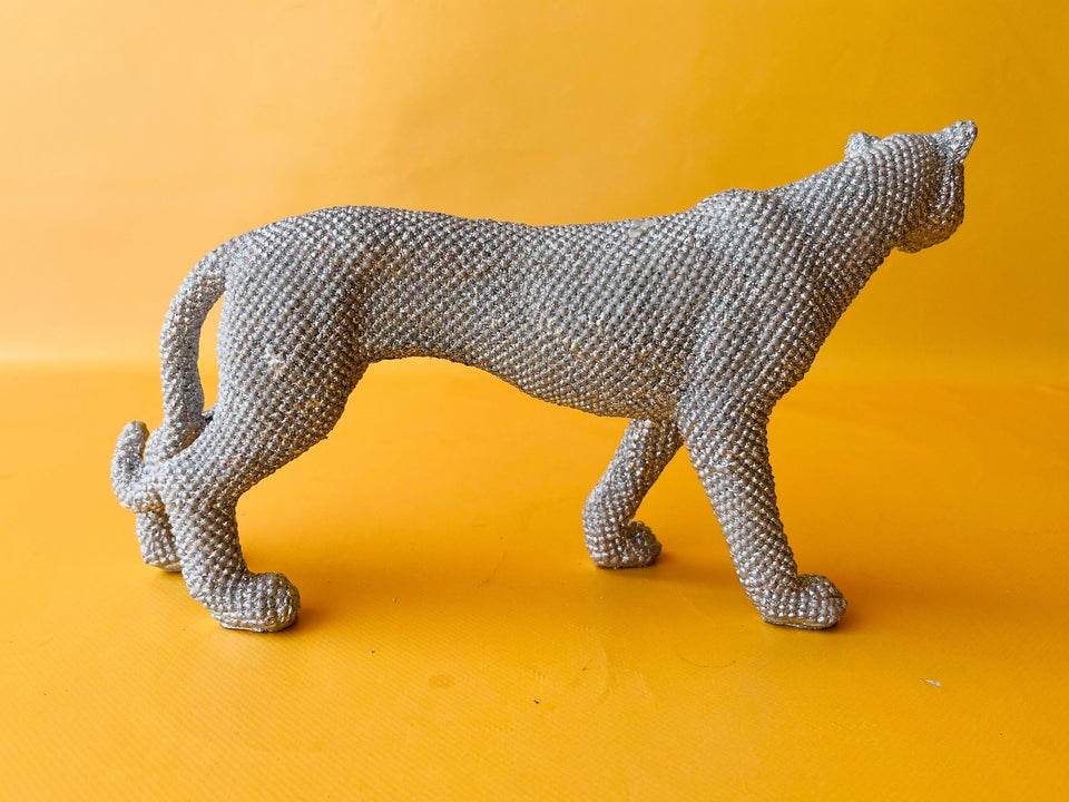 Silver Jaguar Figurine — Rhinestone Texture Resin Statue