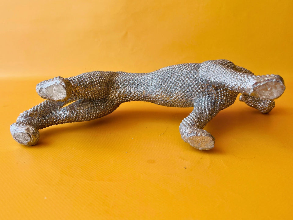 Silver Jaguar Figurine — Rhinestone Texture Resin Statue