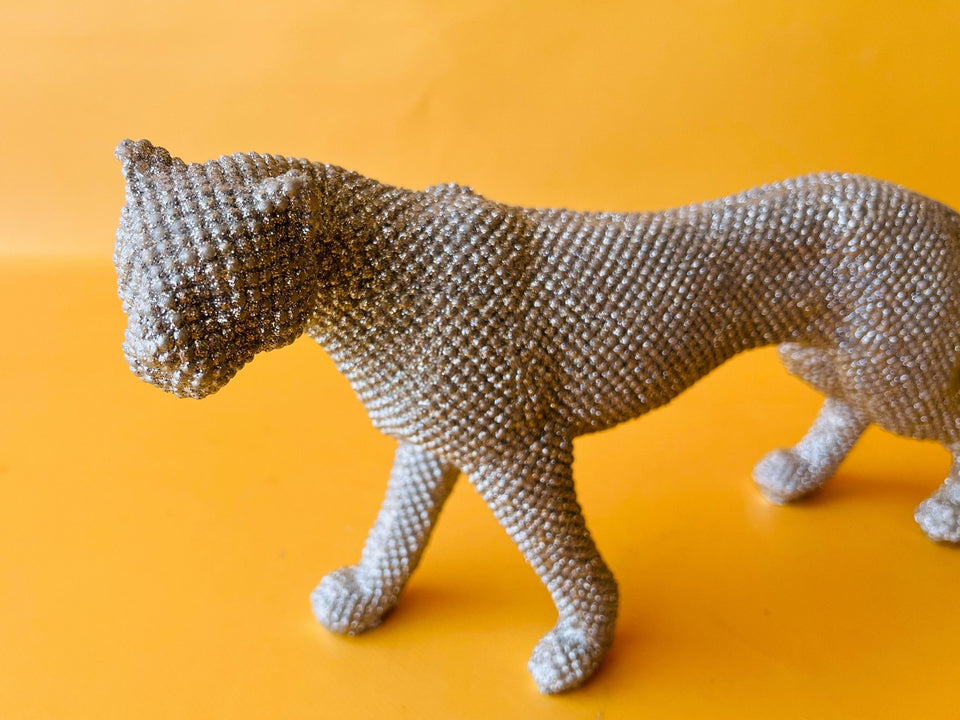 Silver Jaguar Figurine — Rhinestone Texture Resin Statue