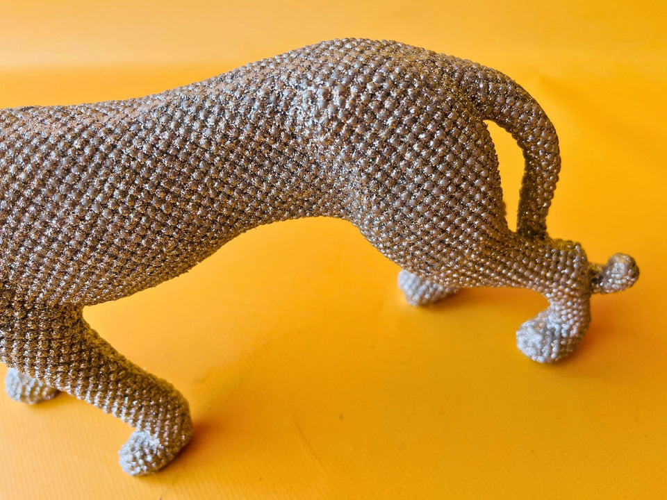 Silver Jaguar Figurine — Rhinestone Texture Resin Statue