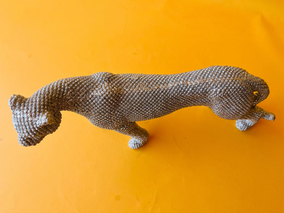 Silver Jaguar Figurine — Rhinestone Texture Resin Statue