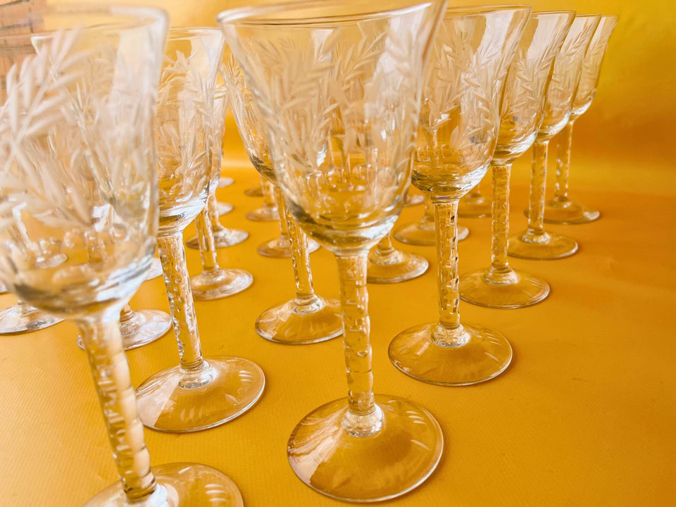 Vintage Etched Wheat Crystal 35-Piece Barware Set — Circa 1940s-1960s