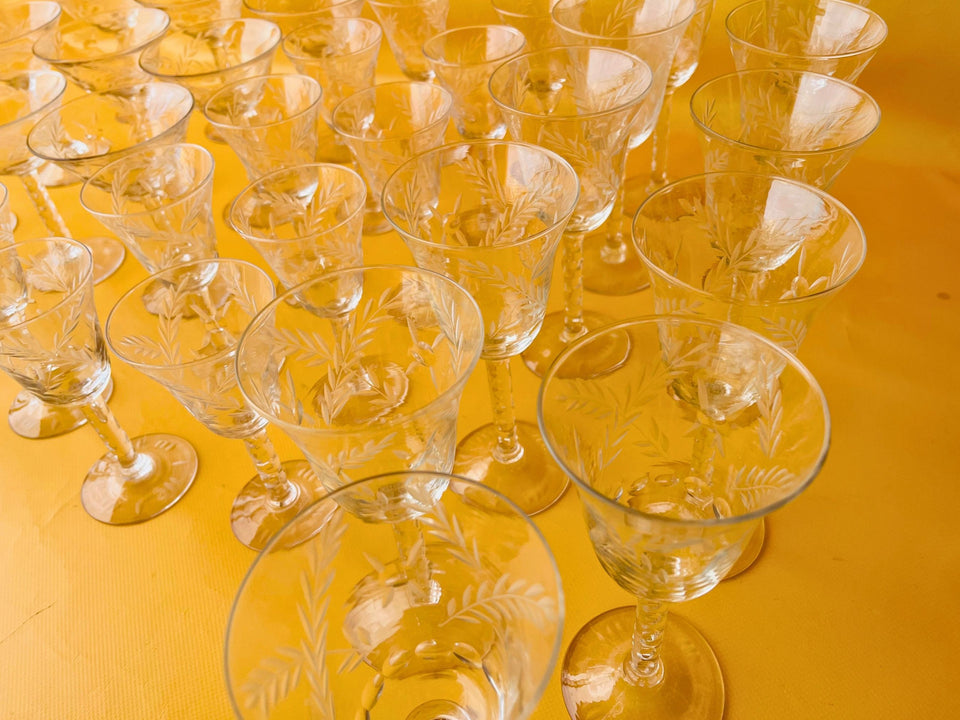 Vintage Etched Wheat Crystal 35-Piece Barware Set — Circa 1940s-1960s