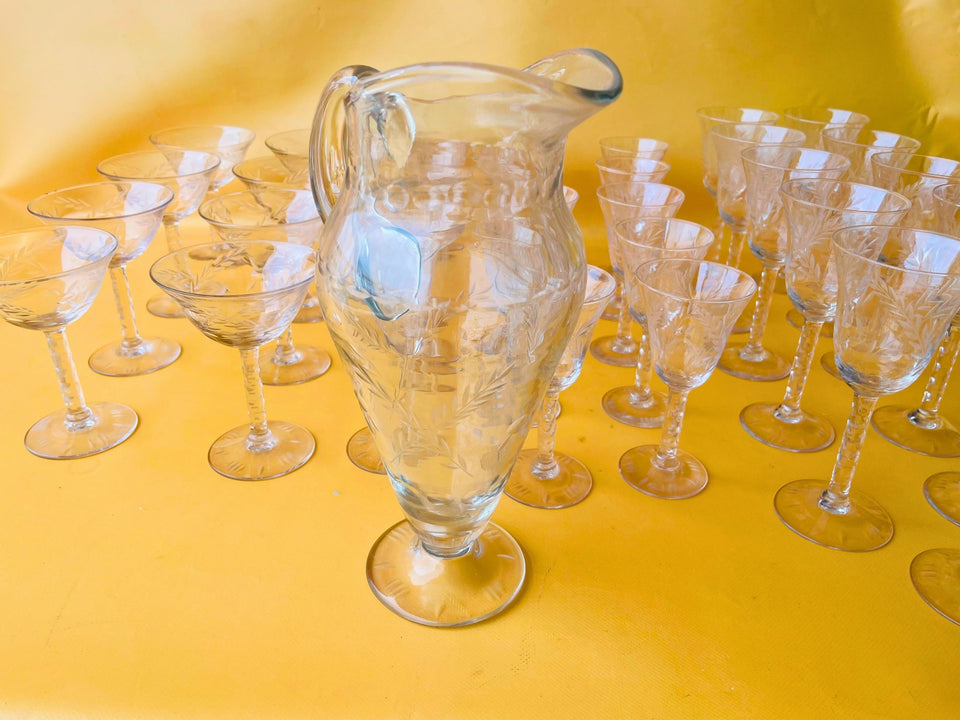 Vintage Etched Wheat Crystal 35-Piece Barware Set — Circa 1940s-1960s