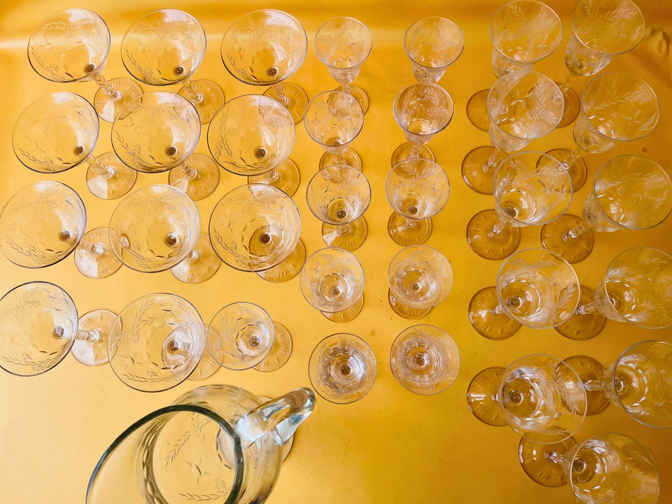 Vintage Etched Wheat Crystal 35-Piece Barware Set — Circa 1940s-1960s