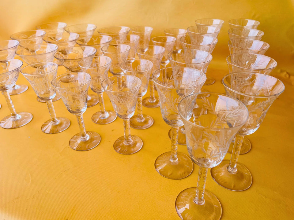 Vintage Etched Wheat Crystal 35-Piece Barware Set — Circa 1940s-1960s