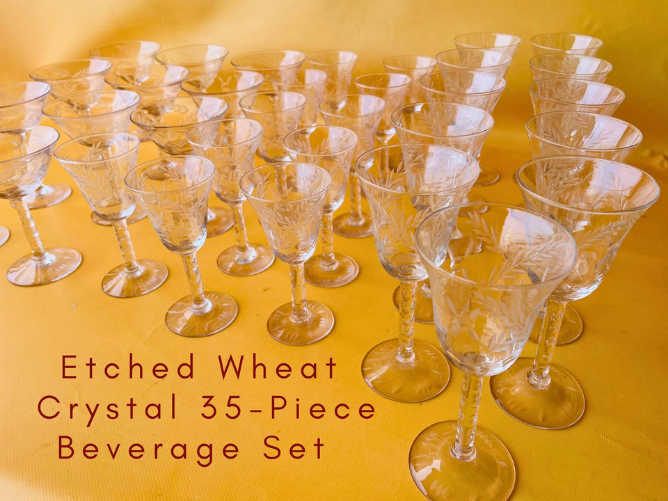 Vintage etched wheat crystal 35 piece barware set circa 1940s-1960s