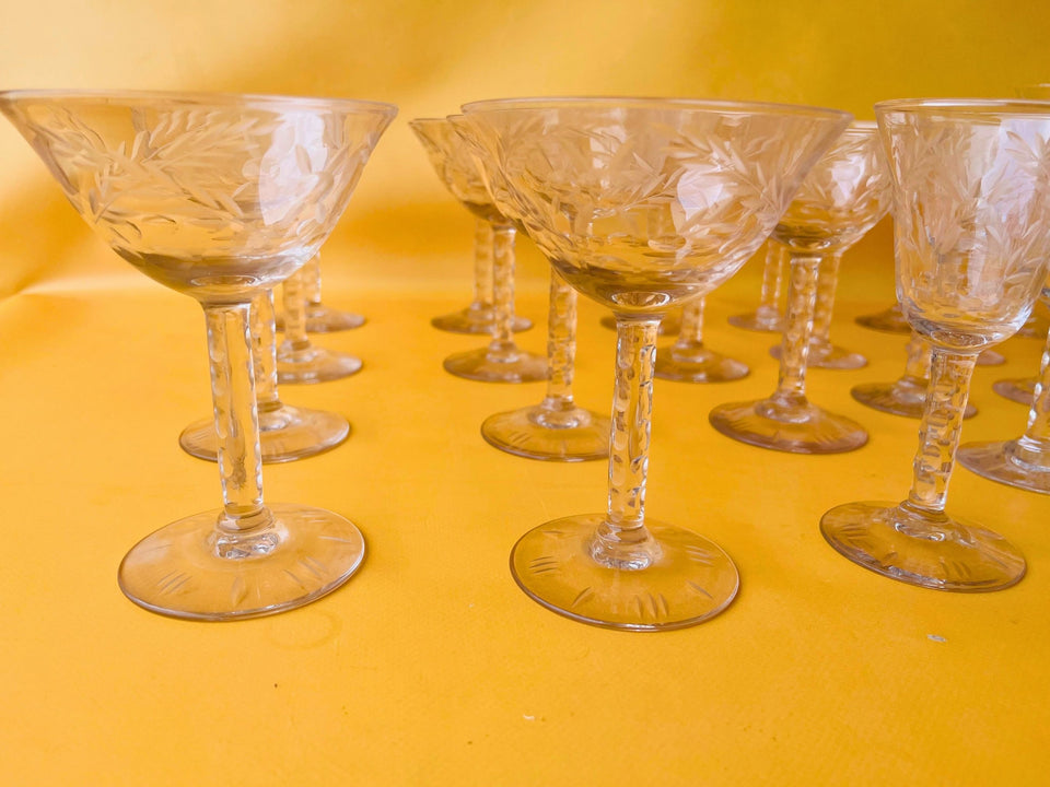 Vintage Etched Wheat Crystal 35-Piece Barware Set — Circa 1940s-1960s