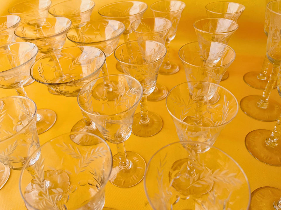 Etched wheat crystal pitcher and glasses close-up detail