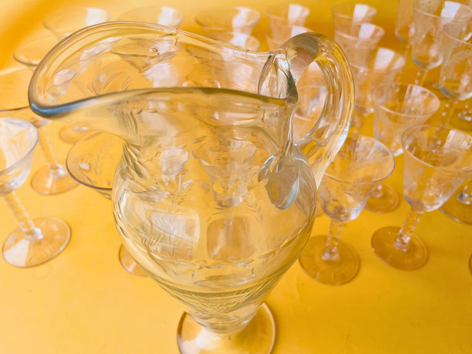 Vintage Etched Wheat Crystal 35-Piece Barware Set — Circa 1940s-1960s