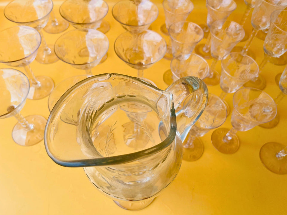 Vintage Etched Wheat Crystal 35-Piece Barware Set — Circa 1940s-1960s