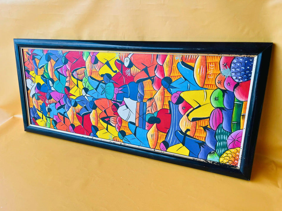 Haitian naive art market scene painting signed Enice framed full view