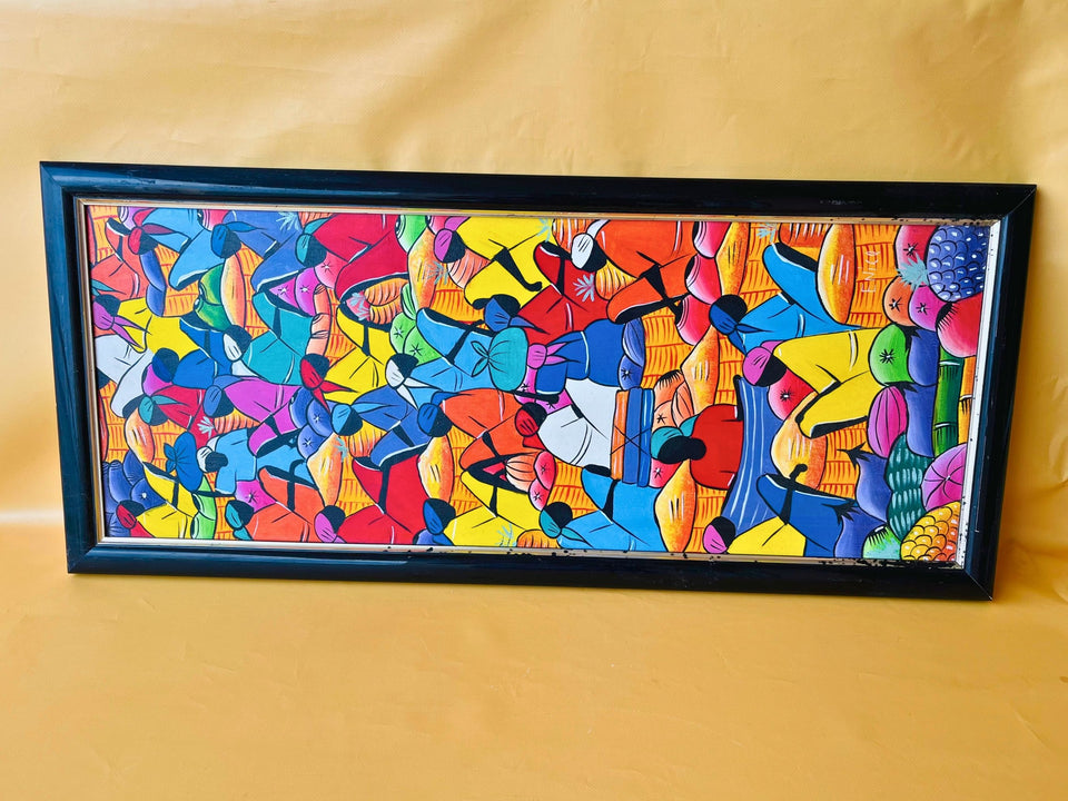 Enice signature detail on Haitian panoramic market scene painting