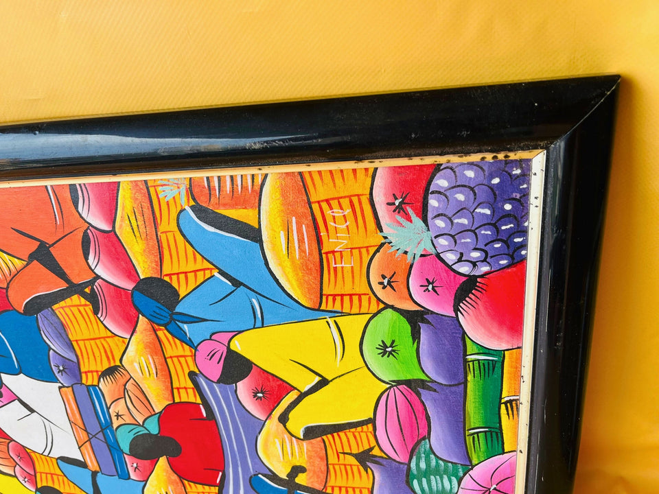 Haitian Naive Art Market Scene Painting — Signed "Enice" Framed