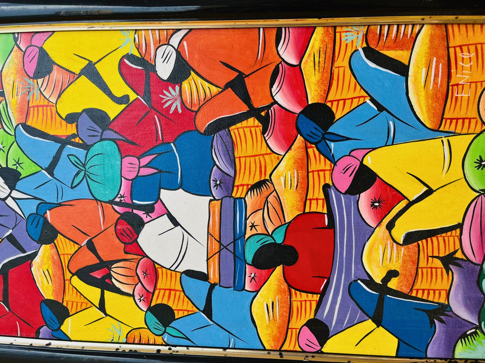 Haitian Naive Art Market Scene Painting — Signed "Enice" Framed