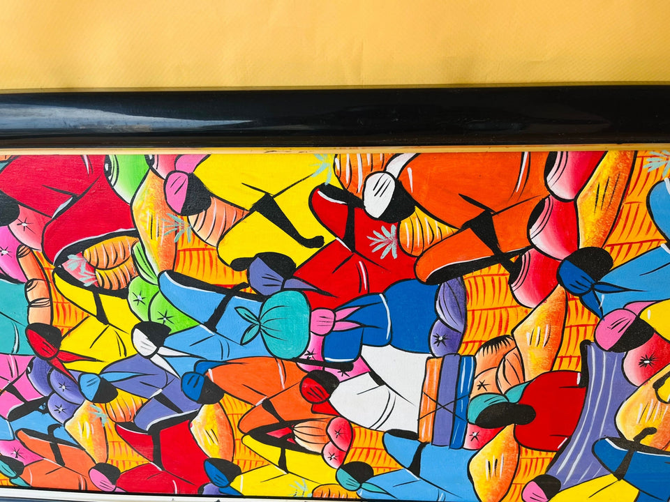Haitian Naive Art Market Scene Painting — Signed "Enice" Framed