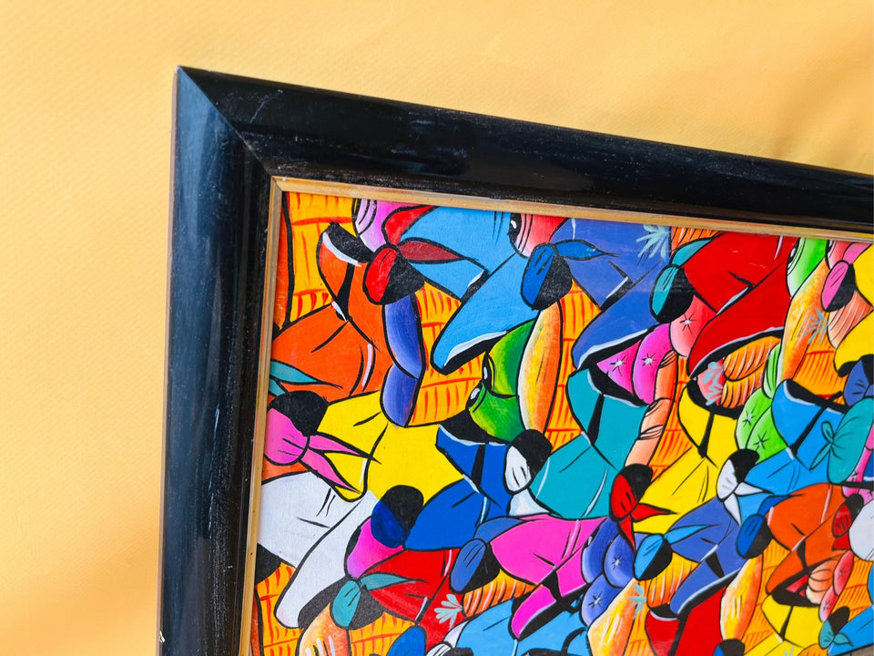 Haitian Naive Art Market Scene Painting — Signed "Enice" Framed