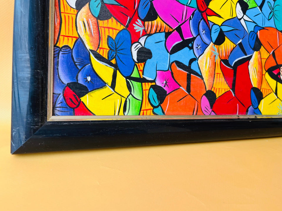 Haitian Naive Art Market Scene Painting — Signed "Enice" Framed
