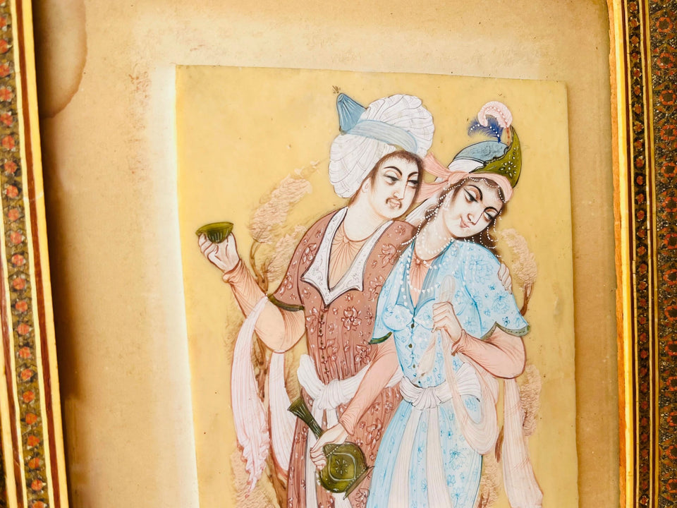 Vintage Persian Qajar-Style Miniature Painting — Khatam Marquetry Frame
