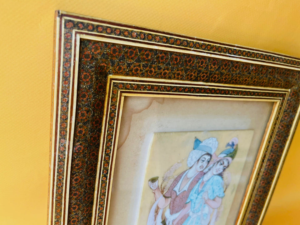 Vintage Persian Qajar-Style Miniature Painting — Khatam Marquetry Frame