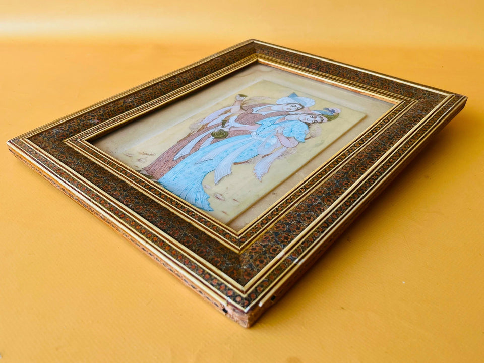 Vintage Persian Qajar style miniature painting courtly couple framed
