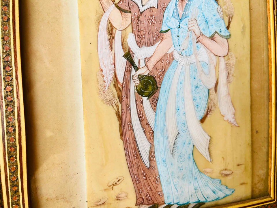 Khatam marquetry frame detail on Persian miniature painting