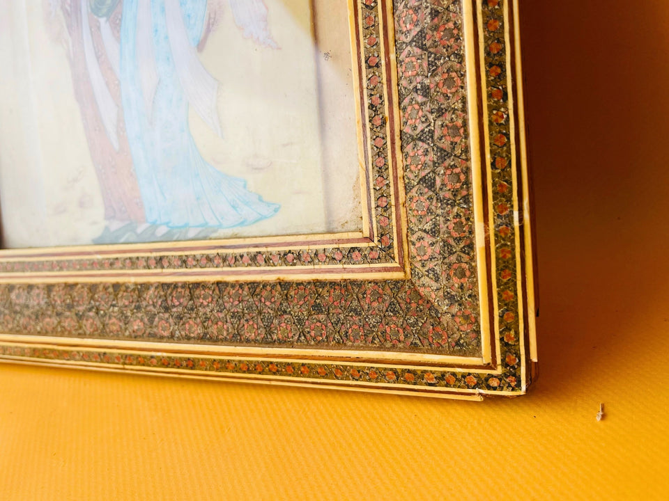 Vintage Persian Qajar-Style Miniature Painting — Khatam Marquetry Frame