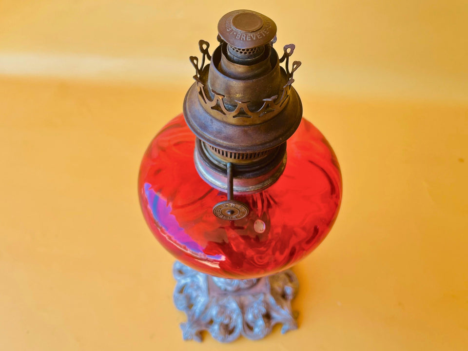 Antique Working Oil Lamp Lempereur and Bernard Cranberry Glass