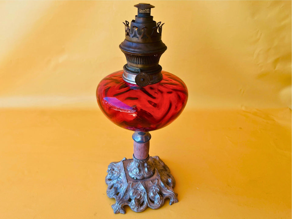 Antique Working Oil Lamp Lempereur and Bernard Cranberry Glass