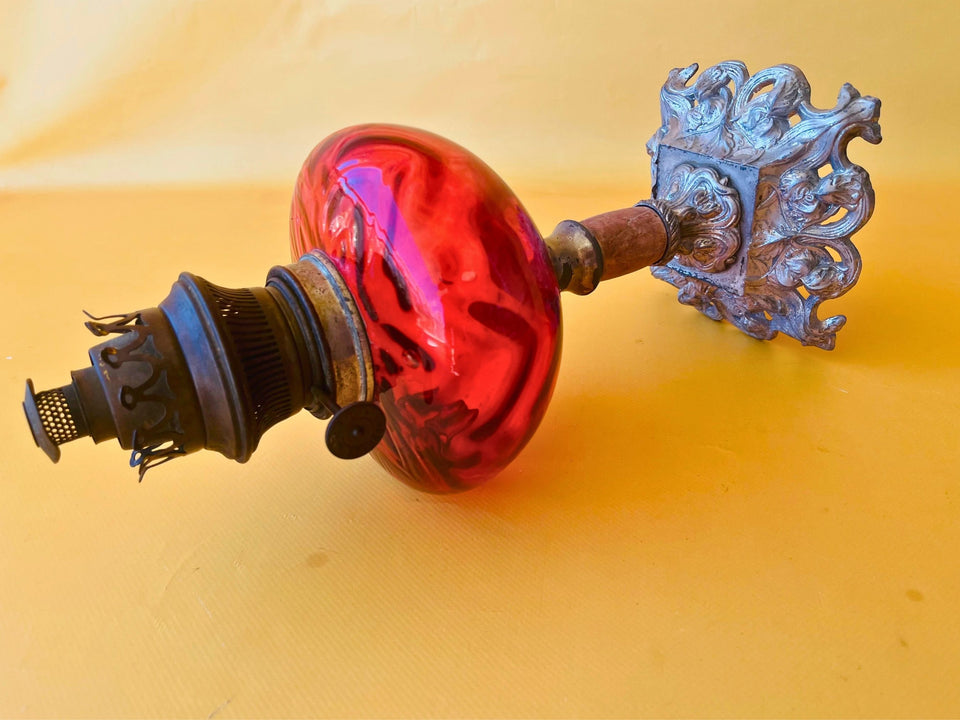 Antique Working Oil Lamp Lempereur and Bernard Cranberry Glass